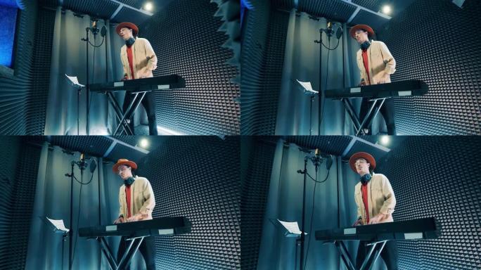 一名男子在音乐工作室里弹电子琴唱歌