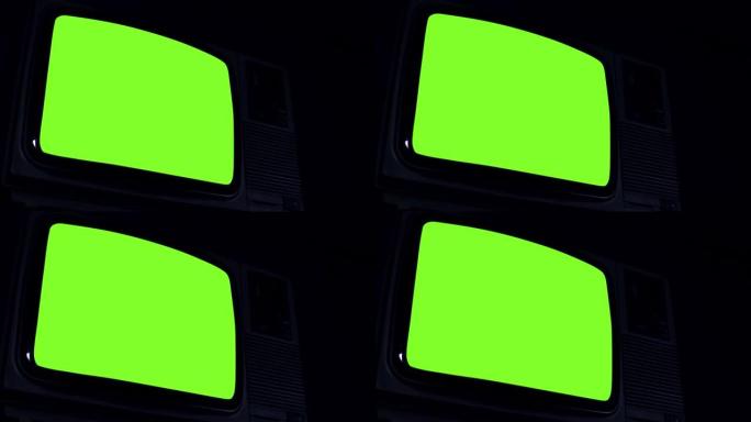 旧电视机打开带有色条和噪音的绿色屏幕。特写。深色。4k分辨率。