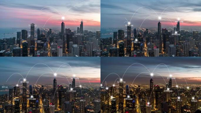 T/L泛芝加哥城市天际线和5g网络概念，日落到夜晚的过渡