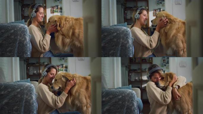 可爱的金毛猎犬狗的可爱镜头阻止了他的女主人使用智能手机并要求注意。使用耳机和技术的女人被她的宠物打断
