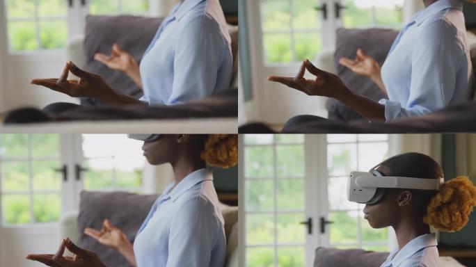 在家沙发上冥想的女人戴着VR耳机，与AR技术互动