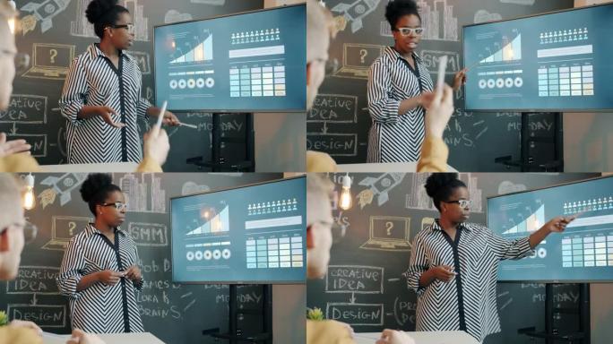 雄心勃勃的美国黑人商业女士的肖像，用数字屏幕制作报告