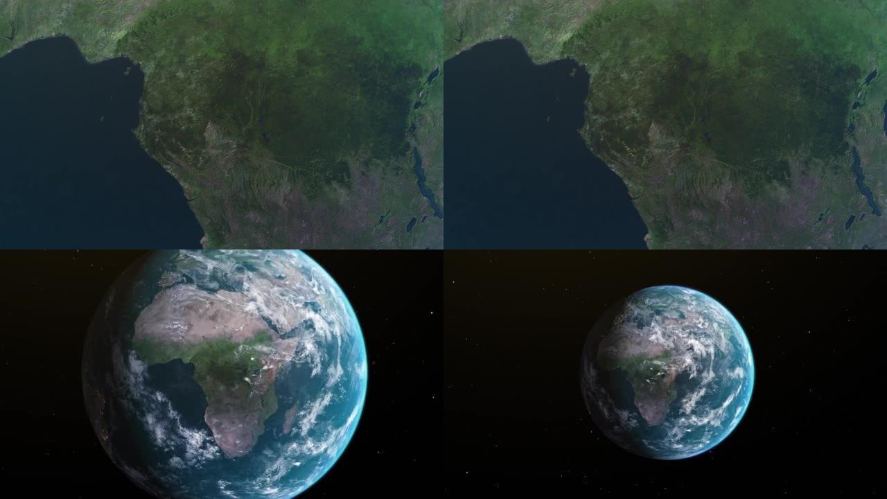 刚果地图，通过一个4K照片真实动画地球仪放大到太空中，包括非洲、西亚和欧洲的全景。史诗旋转世界动画，