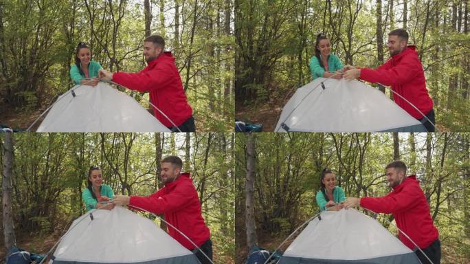 年轻夫妇搭起帐篷