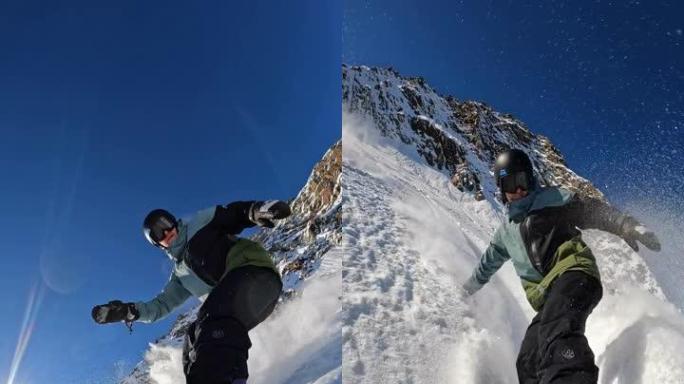 SLO MO垂直自拍的自由式滑雪板在斜坡上雕刻