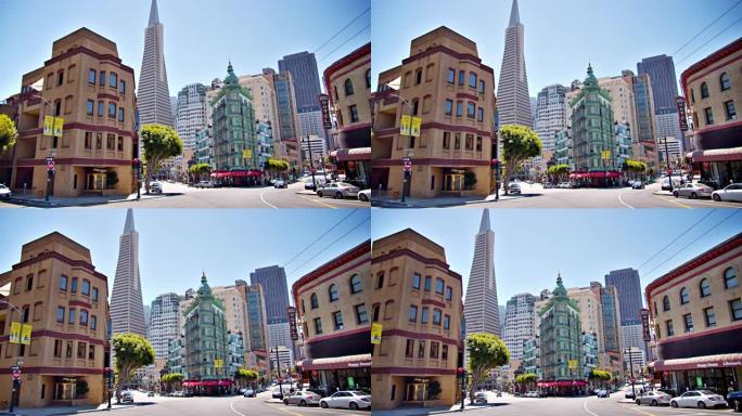 旧金山十字路口的铁楼和其他办公楼的高角度视图。
