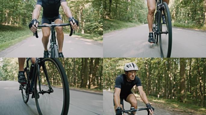 SLO MO骑自行车的人骑着自行车快速穿越森林