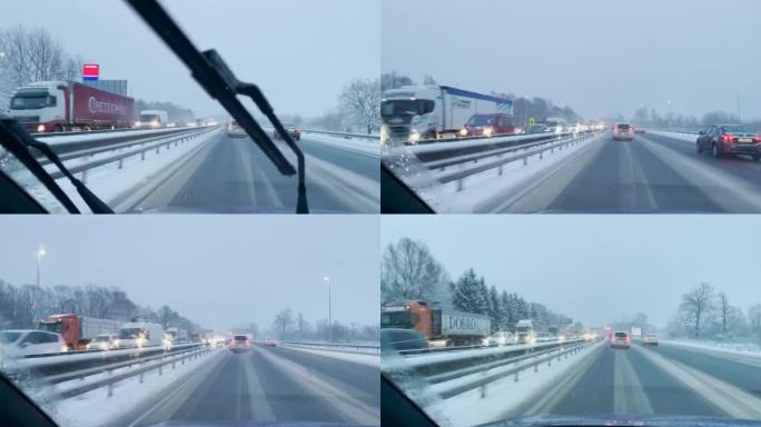 POV: 在卢布尔雅那的早高峰时段，沿着白雪皑皑的高速公路行驶。