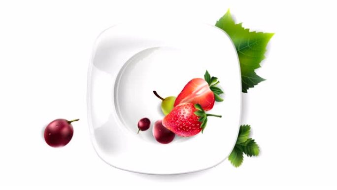 白色盘子上的葡萄和草莓的动画。
