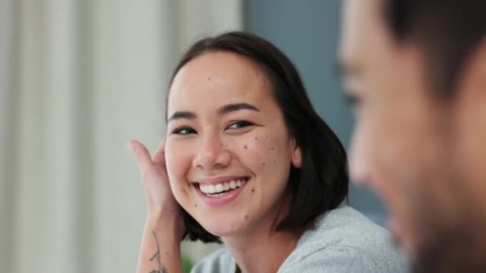 Asian couple smile, conversation and laughing toge