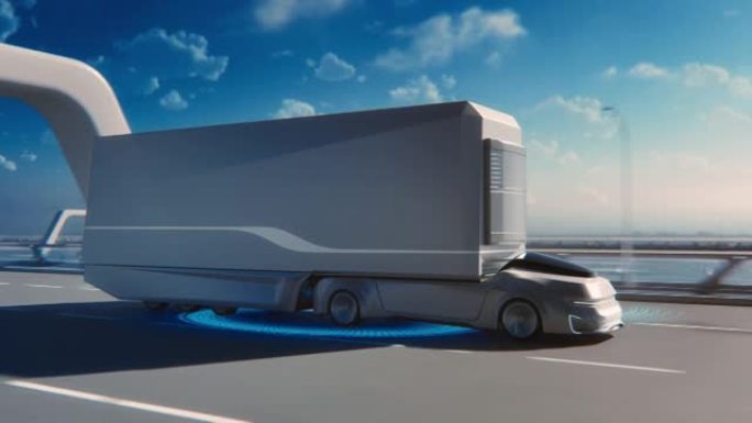 未来技术概念: 自动自动驾驶卡车与货物拖车驾驶道路上的扫描传感器。分析高速公路的零排放电动汽车的特殊