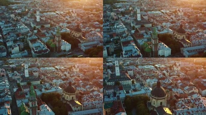 雄伟的古老欧洲城市景观。在乌克兰利沃夫，无人机在真实的街道、市政厅和教堂上空翱翔。