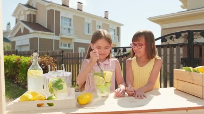 10岁的姐妹在户外做柠檬水