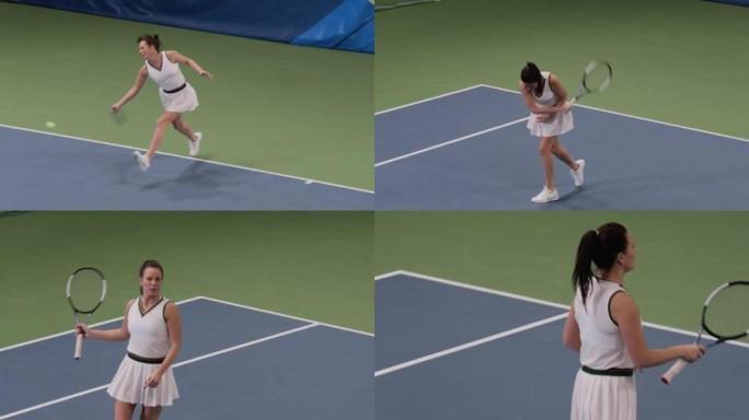 网球冠军赛: 女选手用球拍击球，完成比赛。职业女子运动员在完美射击后行走。世界体育赛事电视频道播放.