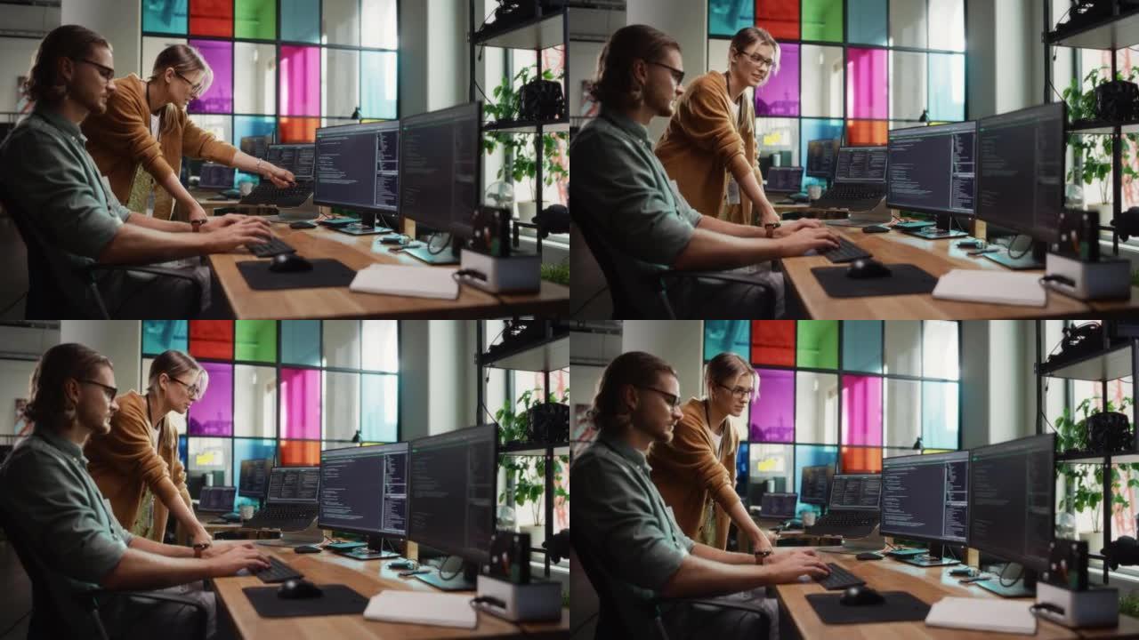 女高级软件工程师给男初级开发人员建议，指着桌面电脑显示代码。白人女性为现代SaaS平台提供新功能，帮