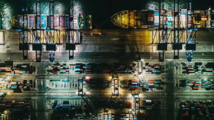 夜间集装箱运输繁忙工业港口的T/L PAN俯视图
