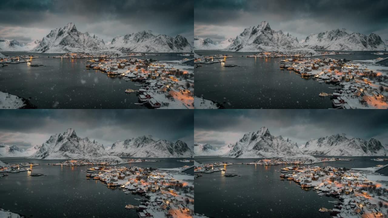 田园诗般的渔村Reine被挪威的北极冬季景观所包围-空中射击