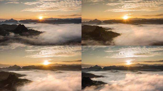 空中超流日出在山上，有薄雾和雾云