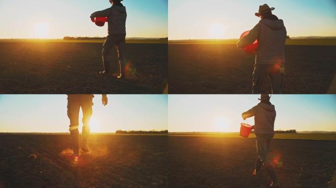 SLO MO Farmer在日落时分走过田野时拿着水桶