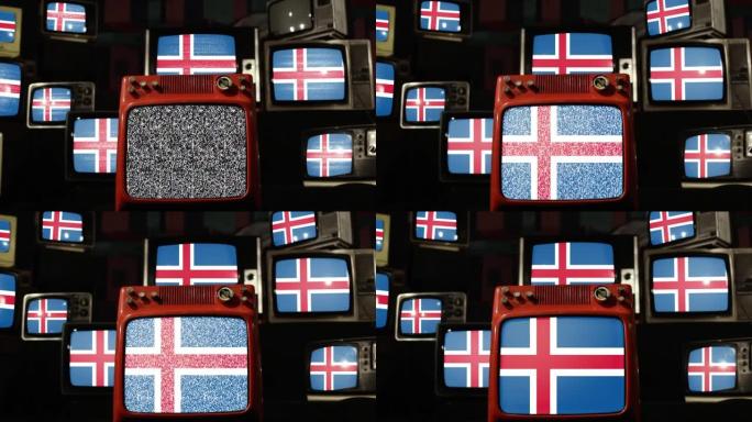 冰岛国旗和老式电视机。