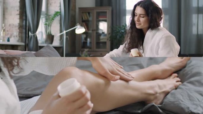 女人在腿上涂抹奶油的分屏