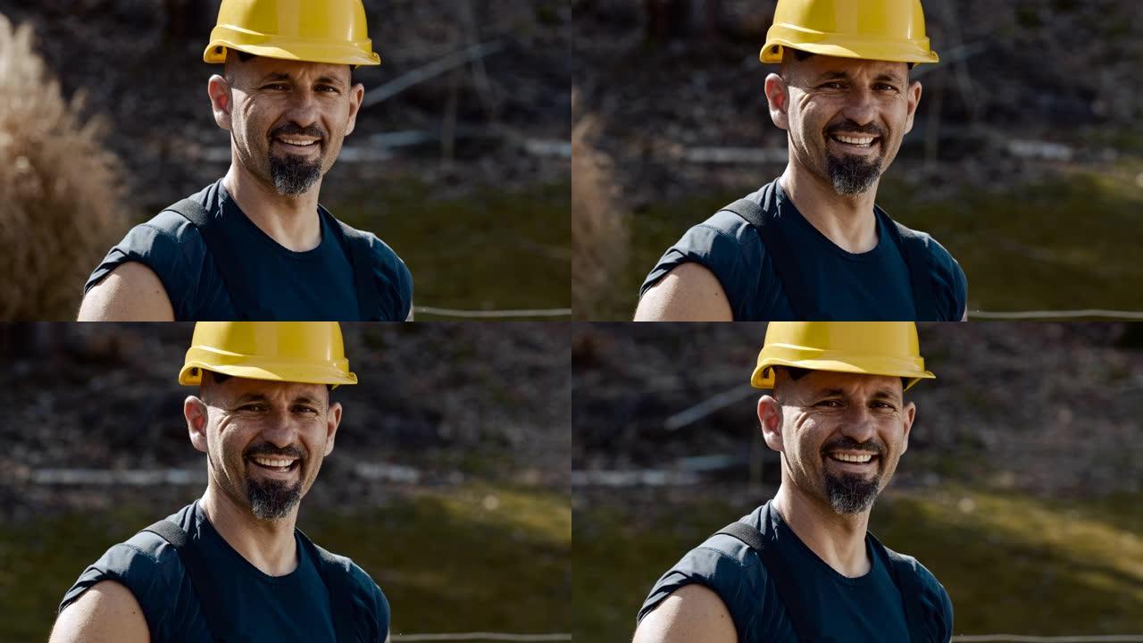 SLO MO肖像，一名建筑工人在镜头前微笑