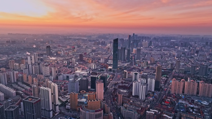 辽宁沈阳城市清晨日出航拍城市建筑风景