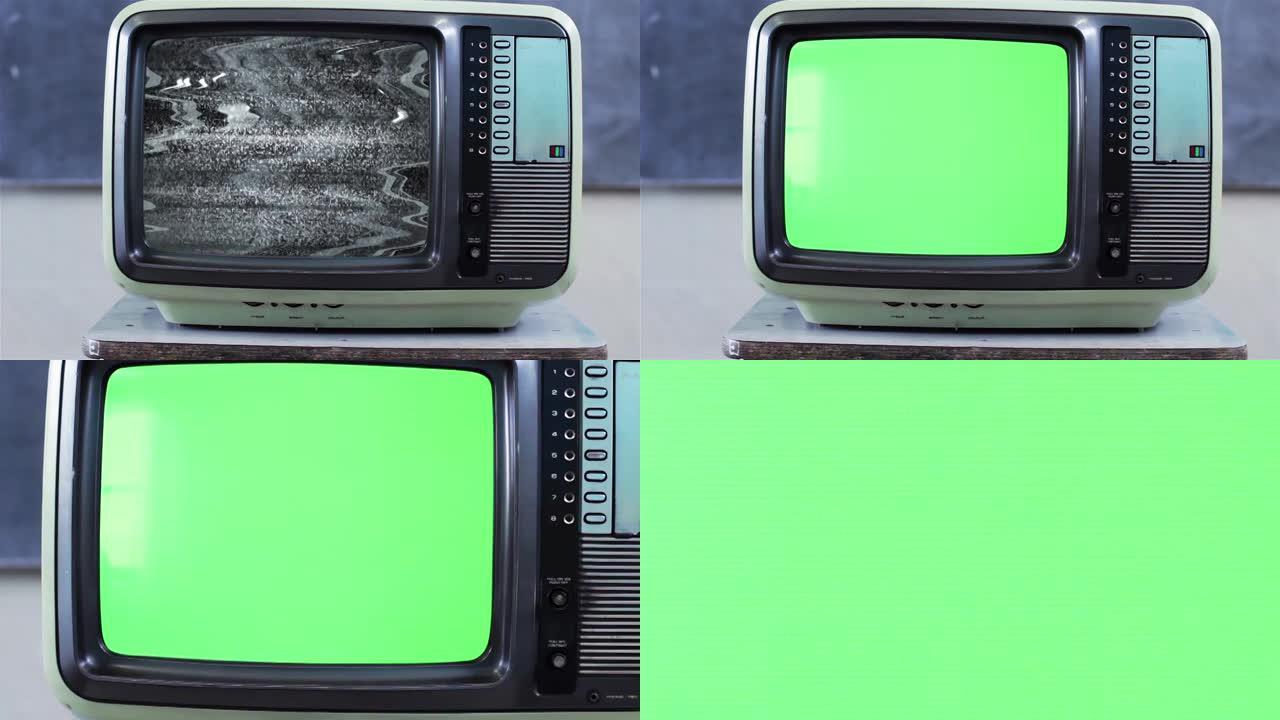 复古电视机在学校里打开带彩条的绿屏，放大到绿屏。特写。4k分辨率。