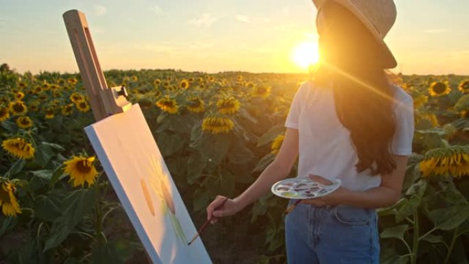 慢镜头年轻女子在田野中间画向日葵