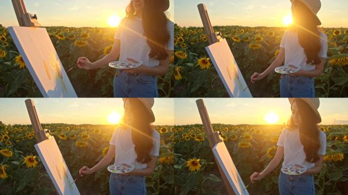 慢镜头年轻女子在田野中间画向日葵