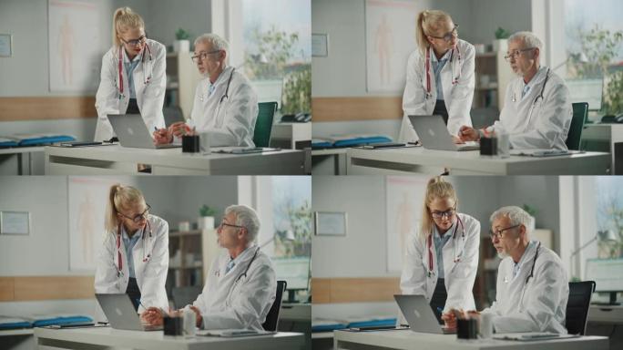 医生办公室:医生使用台式电脑与专业护士长交谈。医疗保健专家讨论测试结果，处方药物，病人治疗