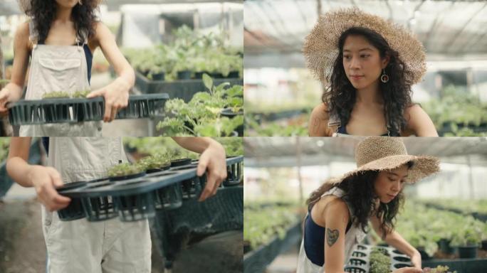 亚洲女人在家快乐地在花园里工作