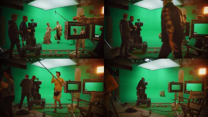 在电影制片厂的导演说 “切!”，摄影师停止拍摄绿屏场景，两名才华横溢的演员穿着文艺复兴时期的衣服说话