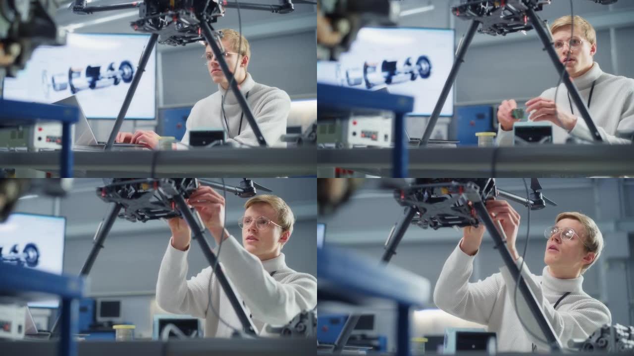 年轻的男性工程师在笔记本电脑上编程，同时在研究中心实验室的新无人机上工作。人们设计无人机概念。肖像视