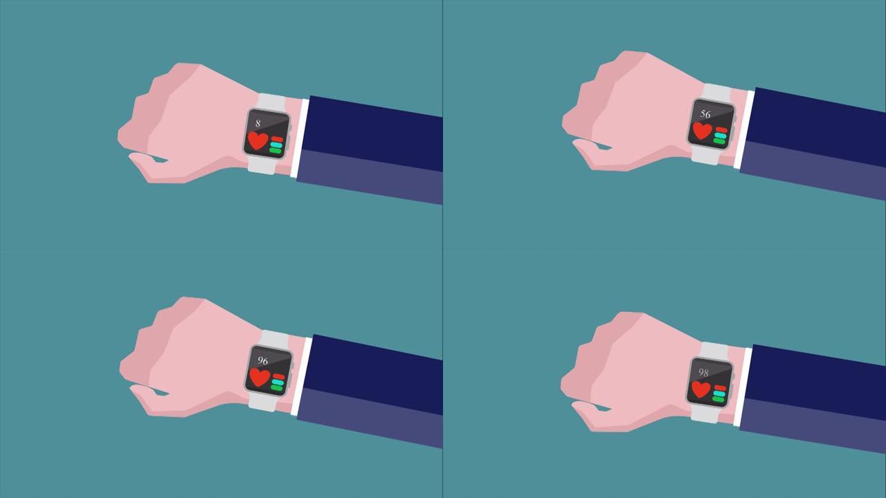 人类手腕的卡通用一种新技术可穿戴智能手表。现代技术和人工智能技术。卫生部门和健康生活概念。4k分辨率
