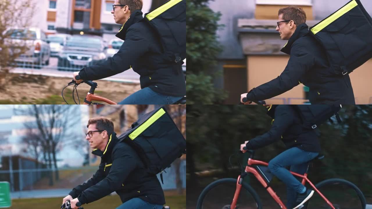 送餐男孩在城市骑自行车超速行驶