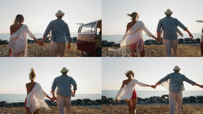一对恋爱中的年轻夫妇的慢动作刚刚带着一辆小型货车来到，他们在日落时分有大海的海滩上享受着假期的开始。