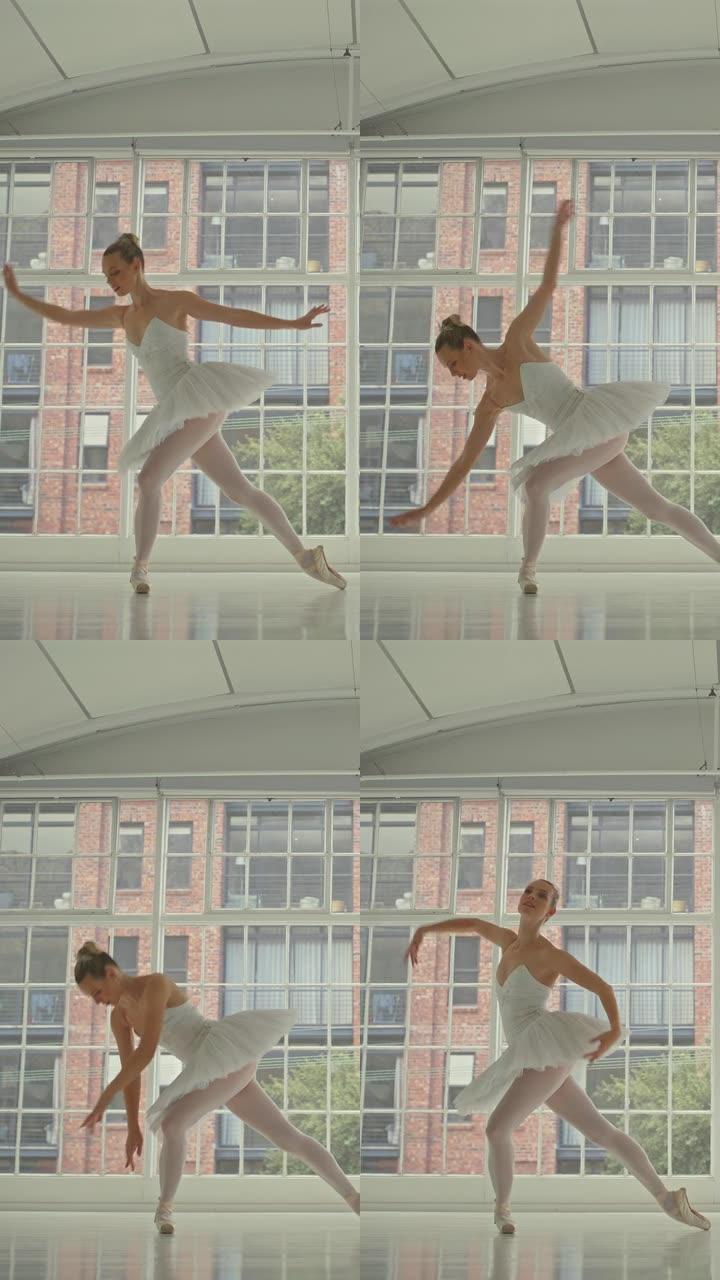 女人，芭蕾舞学院和训练平衡，艺术和表演，音乐会或能量的步骤。芭蕾舞演员，通过工作室的窗口进行专注，目