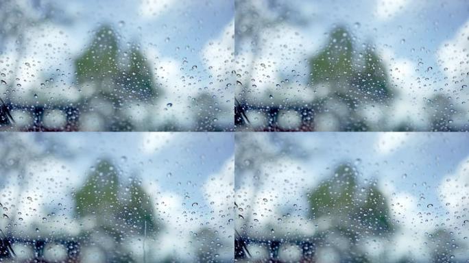 雨水落在玻璃上的特写镜头