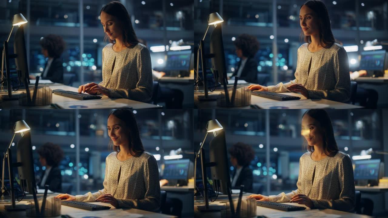 晚上在大公司办公室: 自信的女经理的肖像使用计算机，商人和围绕她工作的专家，分析统计数据，商业数据，