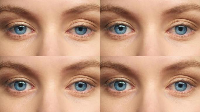 女人的脸，蓝色的眼睛和焦点，视力和隐形眼镜看，眼睛护理和意识。感知、人体解剖和美容中的变焦宏观肖像眨