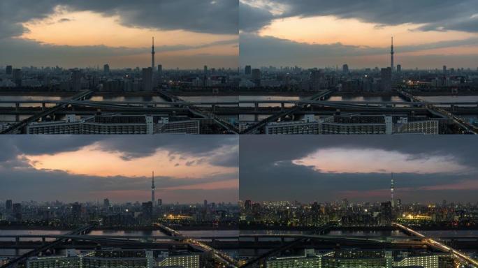 日本东京日落时分，东京晴空塔与各种建筑城市景观的时间流逝