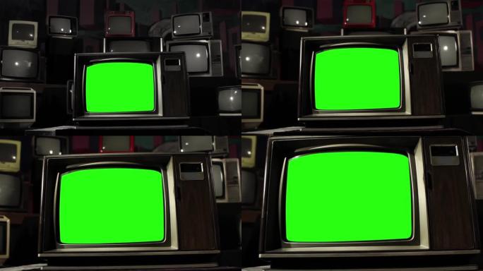 许多旧电视中的复古电视绿屏。多莉进来了。黑白色调到色调。4K。