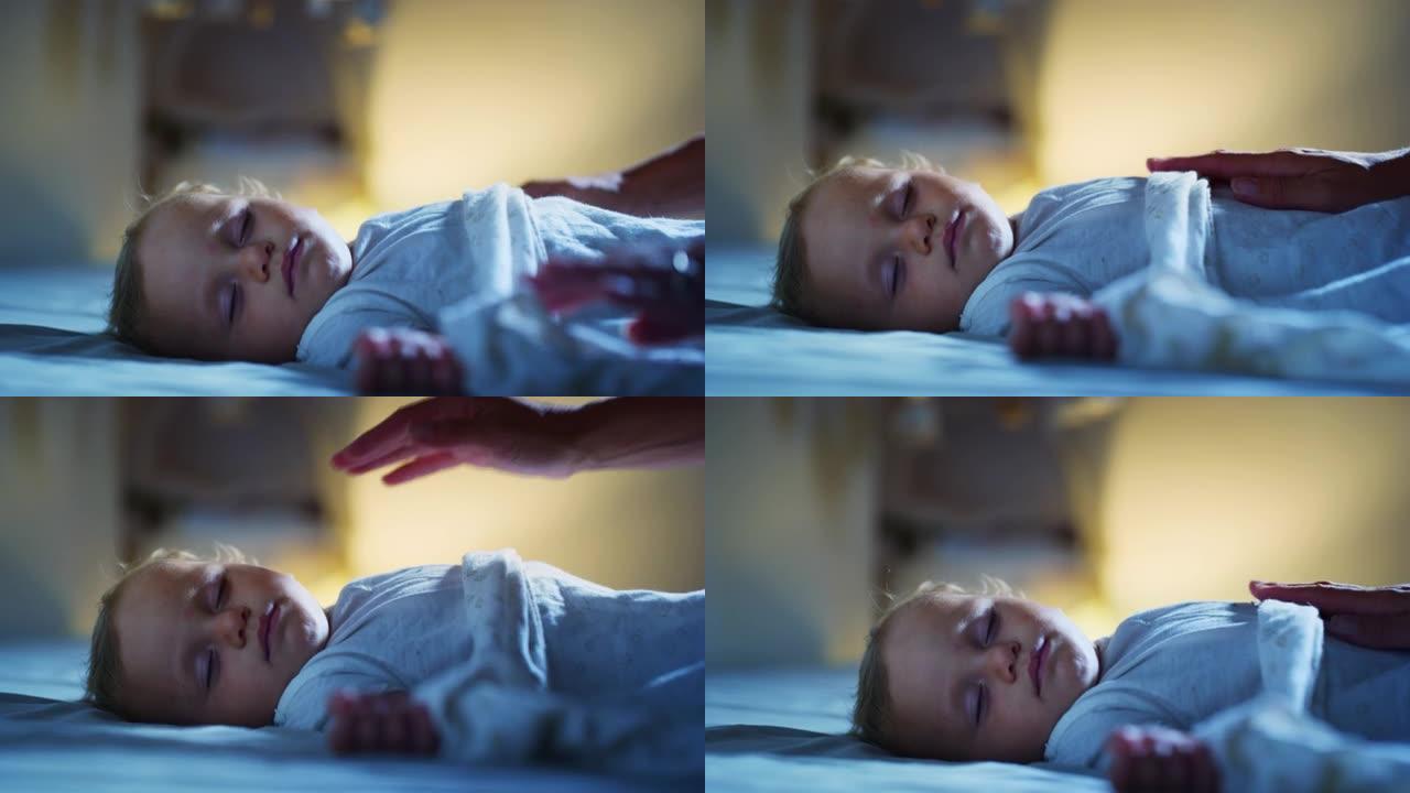 neo mother的真实电影镜头覆盖着柔软的毯子，并在睡觉时爱抚着她刚出生的婴儿