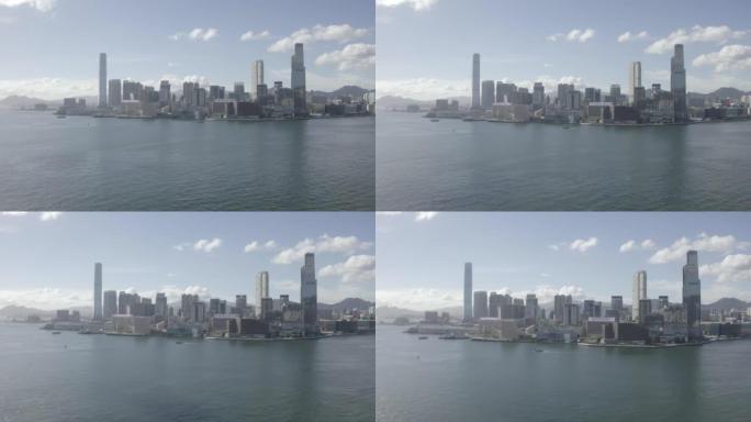 无人机鸟瞰美丽晴空香港城市航拍图。