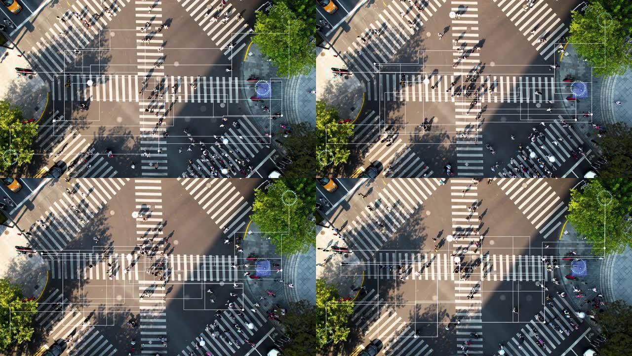 大城市人行横道的无人机视点，我们周围的技术