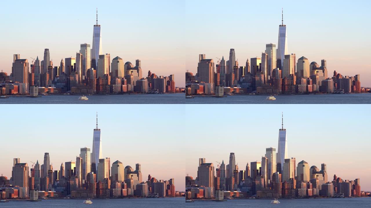 4K UHD高角度视角曼哈顿市中心天际线建筑夜景。旅游目的地和标志性地标概念。
