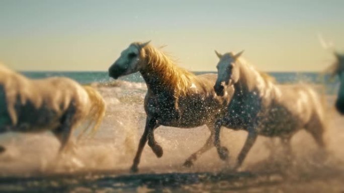 慢动作美丽的白马在海洋中奔跑和飞溅