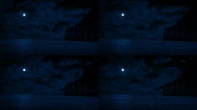 夜晚满月下的大海和悬崖