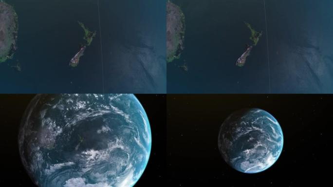 新西兰地图，通过4k照片真实的动画地球仪放大到空间，全景包括澳大利亚。史诗旋转世界动画，现实地球，亮